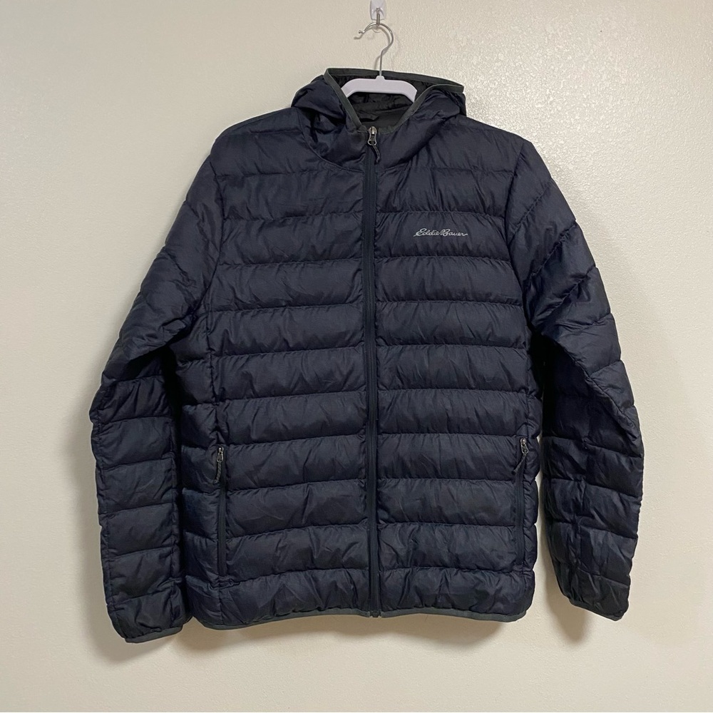 Eddie Bauer Jacket Men's Size Medium Dark Gray Hooded 650 Down Puffer Jacket
